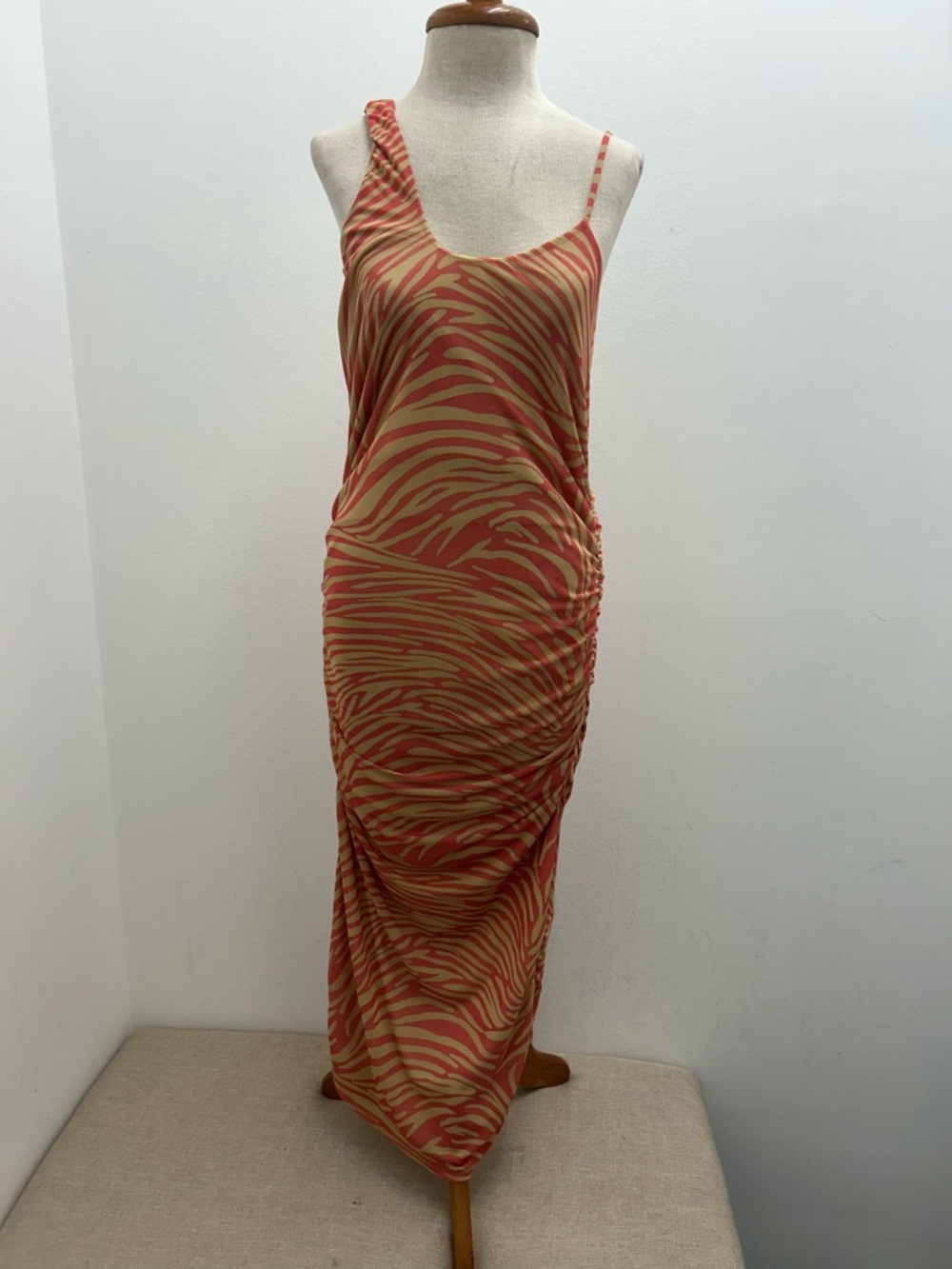 Asymmetrical One-Shoulder Coral and Tan Zebra-Print Slip Dress